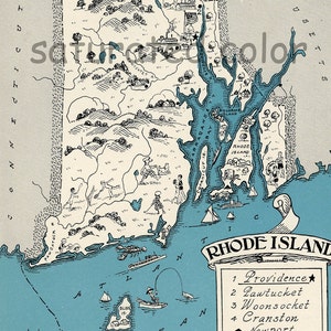 Rhode Island carte Vintage - carte Art - haute résolution IMAGE numérique d’une image Vintage des années 1930 carte - Aqua Turquoise - charme & Fun