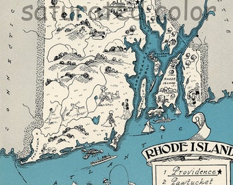 Rhode Island Map Vintage - Map Art - High Res  DIGITAL IMAGE of a 1930s Vintage Picture Map - Turquoise Aqua - Charming & Fun