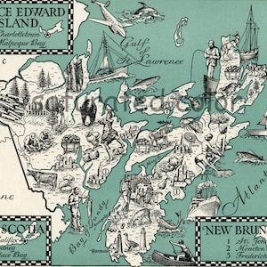 Île-du-Prince-Édouard Î.-P.-É. Canada Carte Art - Image NUMÉRIQUE haute résolution d’une carte illustrée vintage des années 1940 - Art instantané - Charmant et amusant