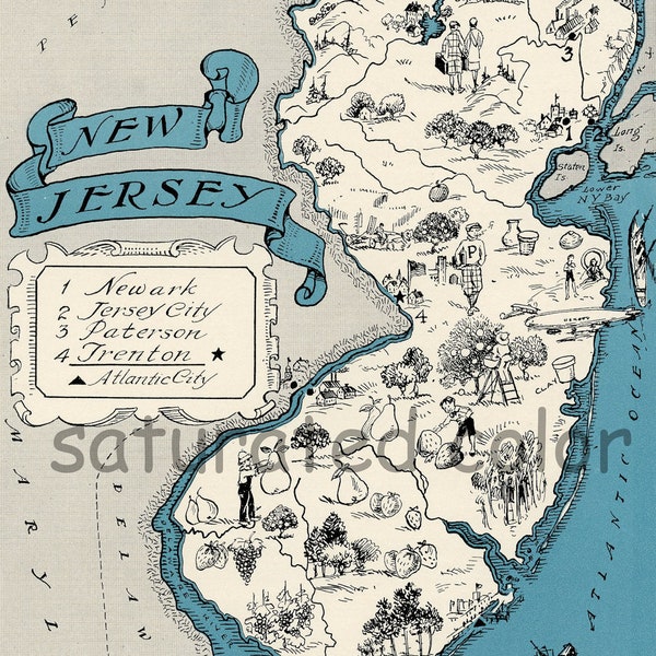 New Jersey Map Vintage - Map Art - High Res  DIGITAL IMAGE 1930 Vintage Picture Map - Aqua Turquoise - Beach Cottage Decor - FUN