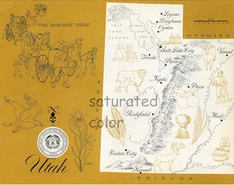Utah Karte Vintage - High Res DIGITAL IMAGE 1960er Jahre Bildkarte - Spaß Retro Farben - Bildtransfer für Karten Totes Souvenir Drucke