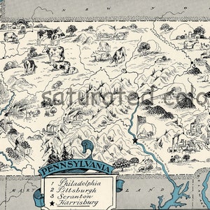 Pennsylvania Landkarte Vintage - High-Res-Digitales Bild der Spaß der 1930er Jahre Jahrgang Bild Karte - sofortige Kunst - Aqua TurquoiseTeal - Charme