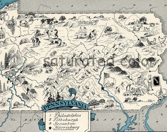 Pennsylvania Map Vintage - High Res DIGITAL IMAGE of a  Fun 1930s Vintage Picture Map - Instant Art - Aqua TurquoiseTeal - Charming