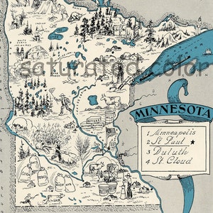 May include: A vintage cartoon map of Minnesota with illustrations of the state's natural resources and agricultural products. The map includes the cities of Minneapolis, St. Paul, Duluth, and St. Cloud.