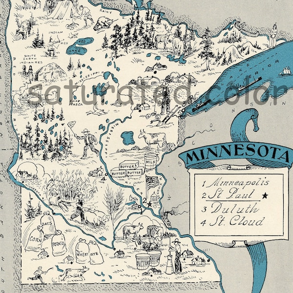 Minnesota Karte Vintage - Karte Kunst - hochauflösende digitale Bild von einem 1930er Jahre Jahrgang Bild Karte - Türkis Aqua - charmant & Spaß
