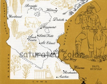 Minnesota Map Vintage - High Res DIGITAL Image 1960s Picture Map - Fun Retro Colors - Hibbing Duluth Sauk Centre St. Paul Souvenir