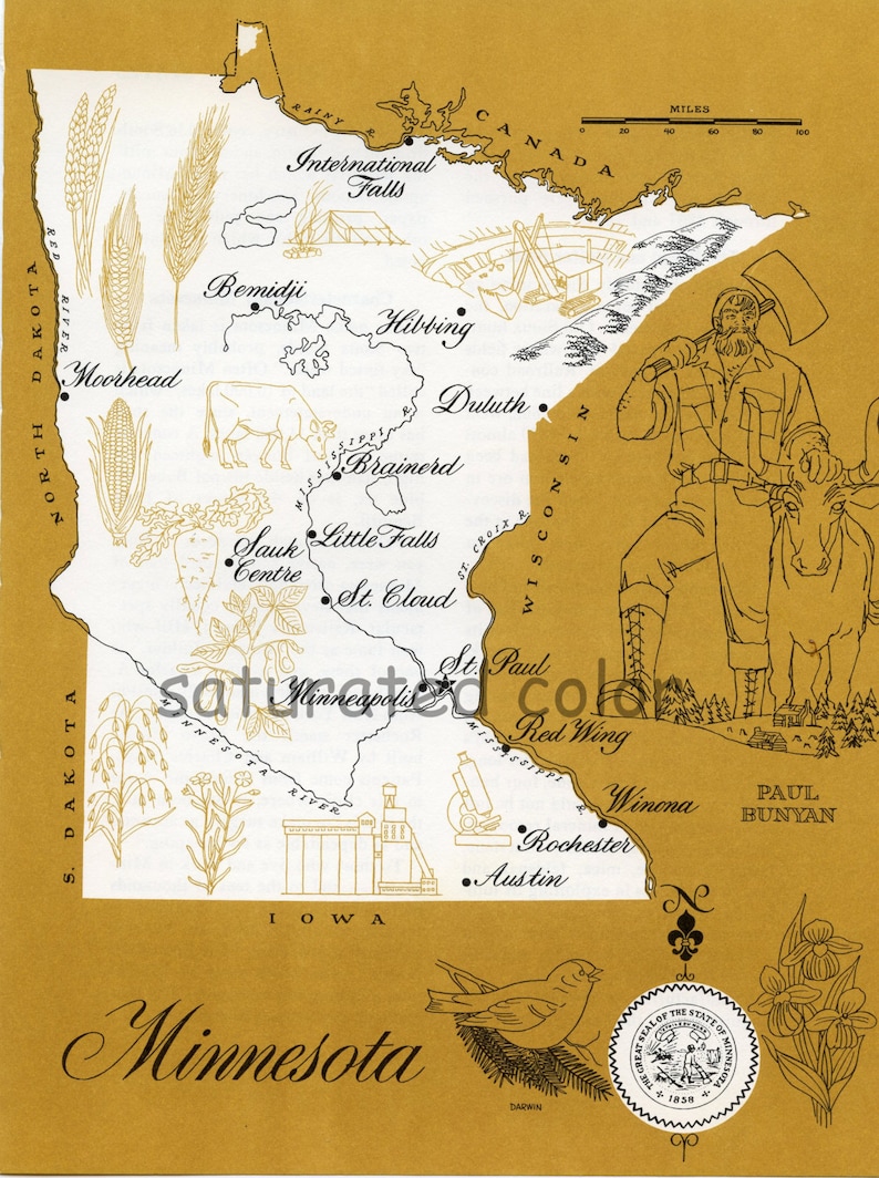 Minnesota Map Vintage - High Res DIGITAL Image 1960s Picture Map - Fun ...
