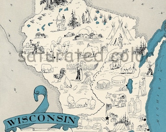 Wisconsin Map Vintage - High Res  DIGITAL IMAGE of a 1930s Vintage Picture Map - Instant Art - Fun  Charming