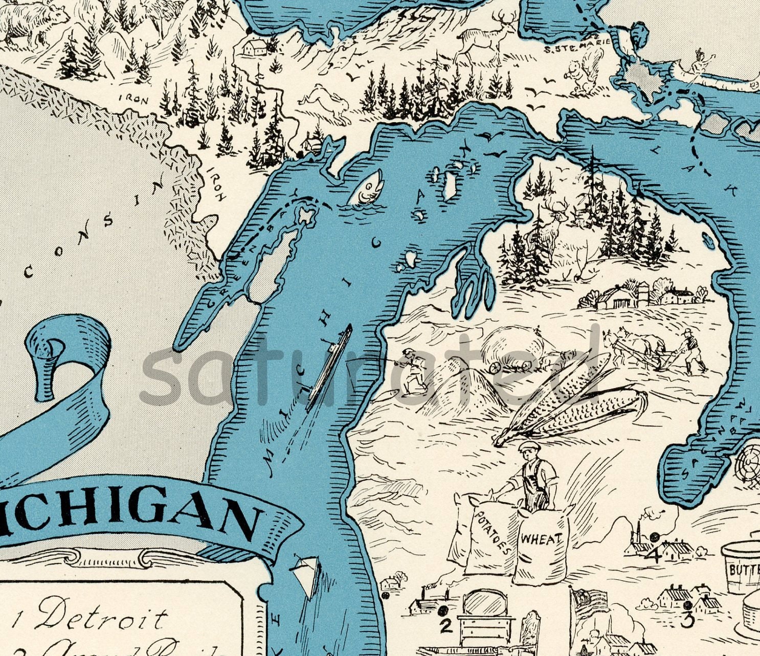 Michigan Vintage Map - High Res DIGITAL IMAGE Picture Map - Map Art - Beach Cottage Decor - Turquoise Aqua - Charming & Fun