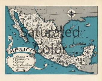 MEXICO Map Digital Download vintage picture map DIY print & frame 8x10 or for Pillows Totes Cards Wedding Paul Spener Johst Monterrey Puebla