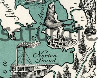 Alaska Map Art - High Res DIGITAL BILD einer 1940er Jahre Vintage Bilder karte - Instant Art - Teal Türkis Schwarz Creme - Charming & Fun