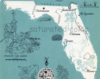 Florida Map Vintage - High Res DIGITAL IMAGE 1960s Picture Map - Fun Retro Color - image transfer for cards totes pillows souvenir print