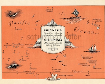 Polynesien / Mikronesien Inseln hochauflösende digitale Bild - Original 1940er Jahre - Vintage Bild Karte - Mandarine tango