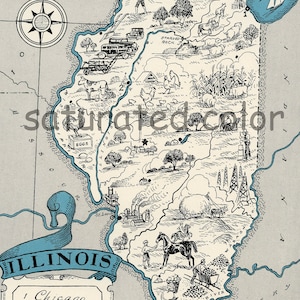 Illinois carte - carte Art - IMAGE numérique de haute résolution - années 1930 Vintage photo carte - Aqua Turquoise - charme & Fun - chalet lac Decor
