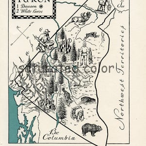 Vintage Yukon Territory ORIGINAL Vintage Canada Map - High Res DIGITAL IMAGE - 1940s Vintage Picture Map - Instant Map Art - Charming