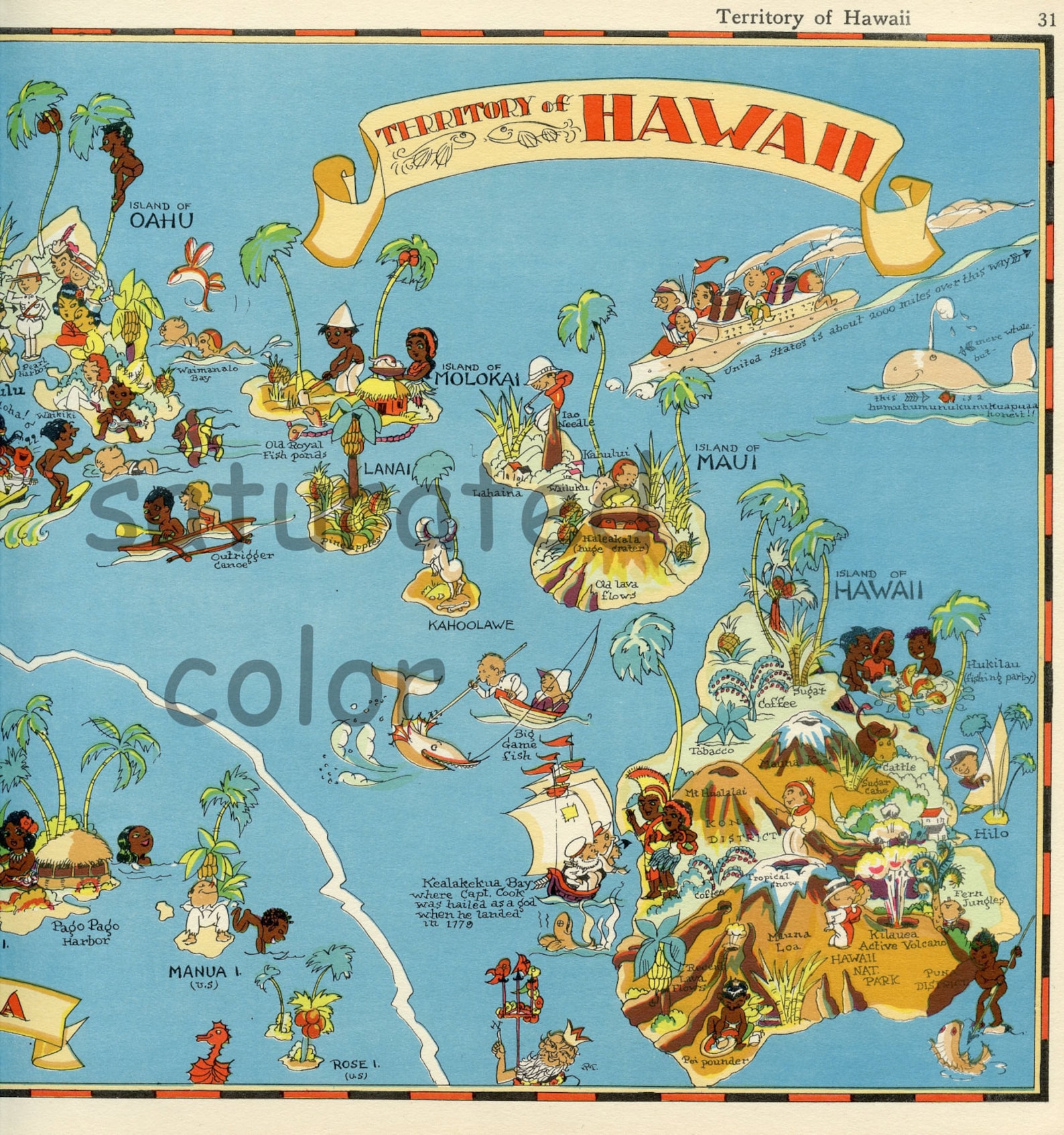 Hawaii Map ORIGINAL 9 x 13 Vintage 1930s Picture Map Antique | Etsy