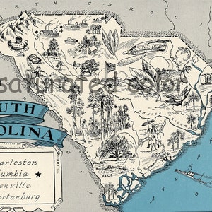 South Carolina Map Vintage Map Art High Res DIGITAL IMAGE of a 1930s Vintage Picture Map Turquoise Aqua Charming & Fun image 1