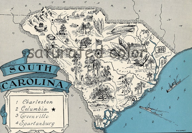 South Carolina Map Vintage Map Art High Res DIGITAL IMAGE of a 1930s Vintage Picture Map Turquoise Aqua Charming & Fun image 1