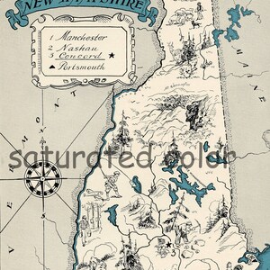 New Hampshire Map Vintage - Map Art - High Res DIGITAL IMAGE of a 1930s Vintage Picture Map - Turquoise Aqua - Charming & Fun
