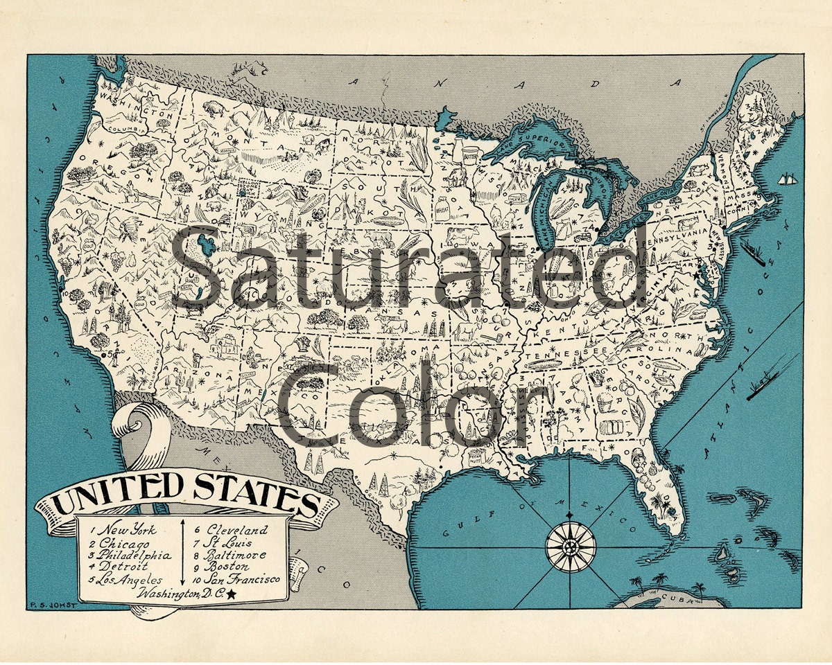 united states map print digital download vintage us etsy