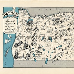 May include: A vintage black and white line drawing map of Oregon with a blue border. The map features various illustrations of animals, trees, and landmarks. The text "OREGON" is written in a decorative font at the top of the map. The text "1. Portland, 2. Salem, 3. Eugene, 4. Klamath Falls" is listed on the left side of the map.