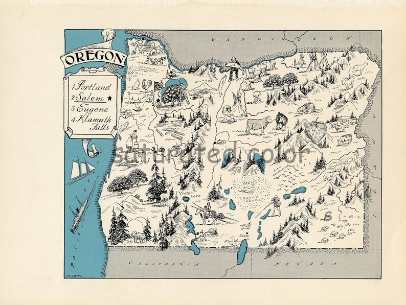 May include: A vintage black and white line drawing map of Oregon with a blue border. The map features various illustrations of animals, trees, and landmarks. The text "OREGON" is written in a decorative font at the top of the map. The text "1. Portland, 2. Salem, 3. Eugene, 4. Klamath Falls" is listed on the left side of the map.