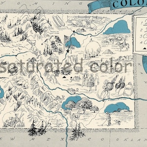 Colorado carte Vintage - carte Art - haute résolution IMAGE numérique d’une image Vintage des années 1930 carte - Aqua Turquoise - charme & Fun