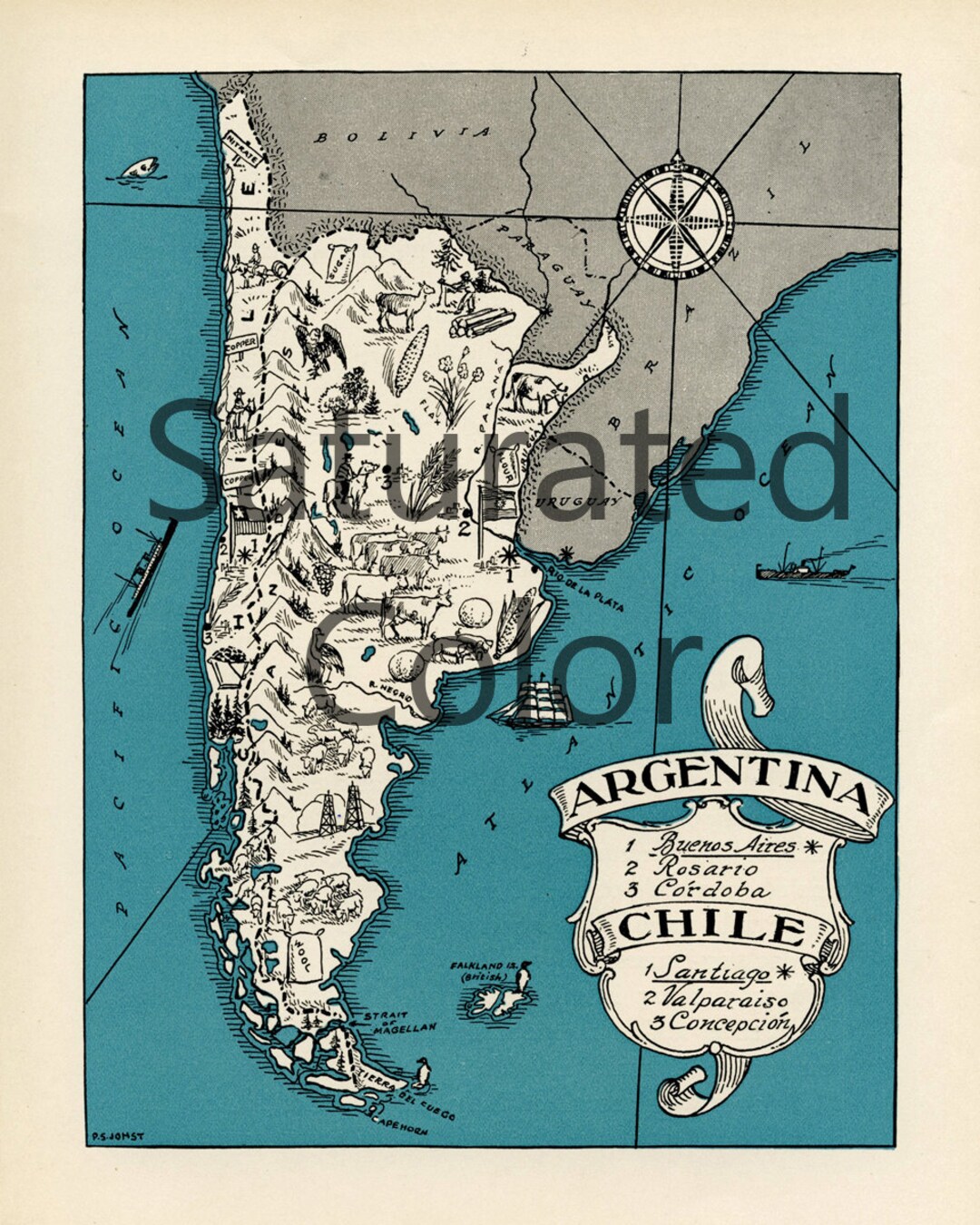 ARGENTINA CHILE Map Digital Download Vintage Picture Map