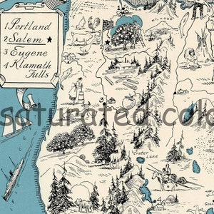 May include: A vintage illustrated map of Oregon featuring hand-drawn images of landmarks and activities. The map includes the cities of Portland, Salem, Eugene, and Klamath Falls. The text "OREGON" is at the top of the map. The map is on a blue background.
