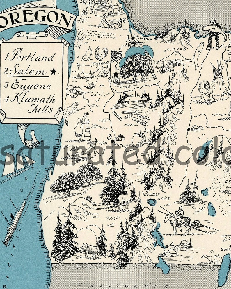 May include: A vintage illustrated map of Oregon featuring hand-drawn images of landmarks and activities. The map includes the cities of Portland, Salem, Eugene, and Klamath Falls. The text "OREGON" is at the top of the map. The map is on a blue background.