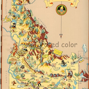 Vintage 1960s Original State Graphic Picture Map of Idaho