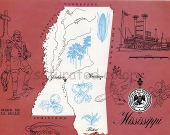 Mississippi Karte Vintage - High Res DIGITAL IMAGE 1960er Jahre Bildkarte - Spaß Retro Farbe - Bildtransfer für Karten Tote Kissen Souvenir Druck