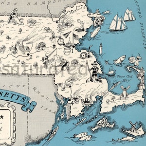 Massachusetts Map Vintage - Map Art - High Res DIGITAL IMAGE Fun 1930s Charming Vintage Picture Map - Turquoise - Cape Cod Cottage Decor