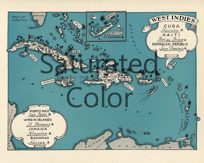 WEST INDIES Islands Map Digital Download Vintage Picture Map DIY Print ...