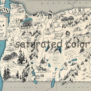 Może przedstawiać: Winietkowa czarno-biała ilustracja stanu Oregon. Mapa jest wypełniona małymi rysunkami zwierząt, roślin i punktów orientacyjnych. Tekst "OREGON" znajduje się na górze mapy, a tekst "nasycony kolor" znajduje się w środku mapy.