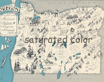 May include: A vintage black and white illustration of the state of Oregon. The map is filled with small drawings of animals, plants, and landmarks. The text "OREGON" is at the top of the map, and the text "saturated colour" is in the center of the map.