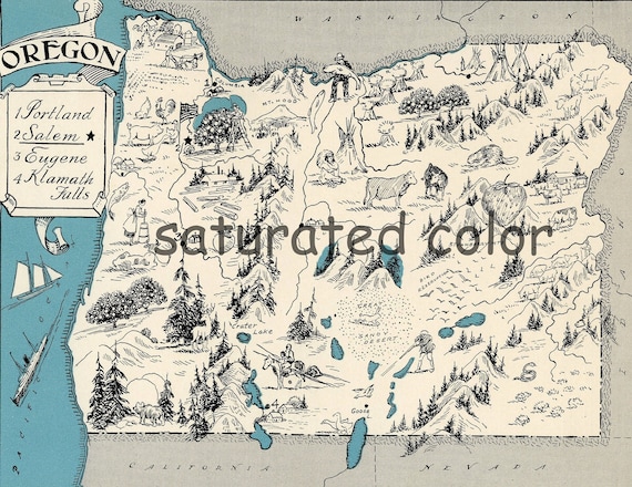 Oregon Map - Map Art - High Res DIGITAL IMAGE of a 1930s Vintage Picture Map - Turquoise Aqua - Charming & Fun