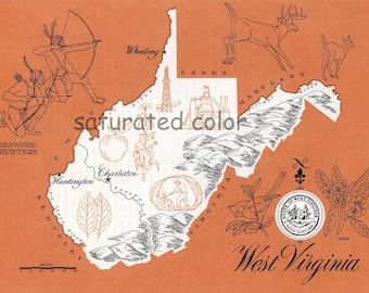West Virginia Karte Vintage - High Res DIGITAL IMAGE 1960er Jahre Bildkarte - Spaß Retro Farben - Bildtransfer für Karten Totes Souvenir Drucke