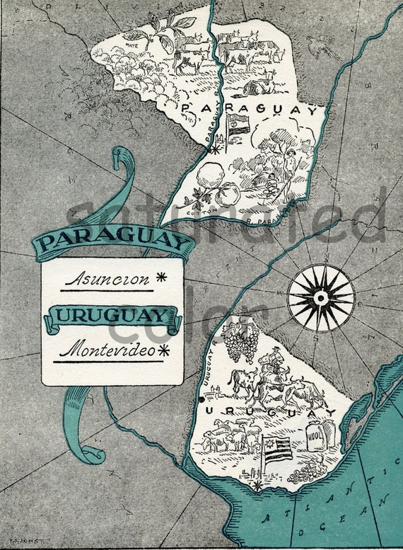 Paraguay Uruguay Map High Res DIGITAL IMAGE of a 1930s ...