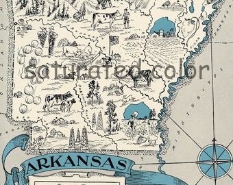 Arkansas Map - High Res DIGITAL IMAGE of a 1930s Vintage Picture Map - pillows, prints, cards, totes - Charming & Fun Map Art