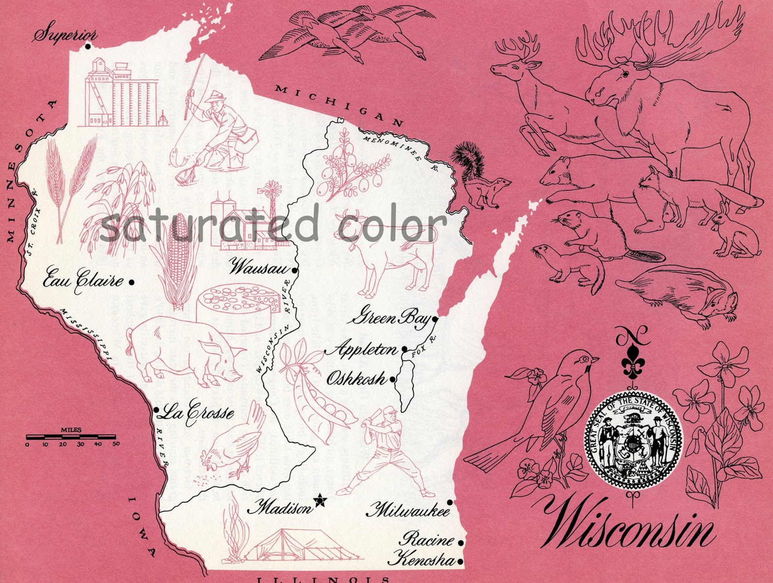 Wisconsin Map ORIGINAL Vintage 1960s Picture Map Fun Retro Etsy