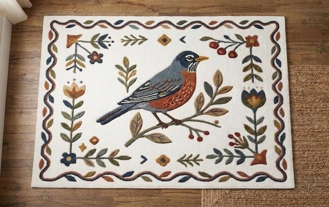 Hand Tufted Wool Rug Bird Robin Nature Area Rug Botanical Floral Folk ...
