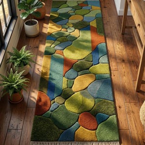May include: A colorful, rectangular rug with a pebble design. The rug features a variety of colors, including green, blue, orange, and yellow. The rug is placed on a wooden floor and has a fringed edge. The rug is approximately 60 inches long.