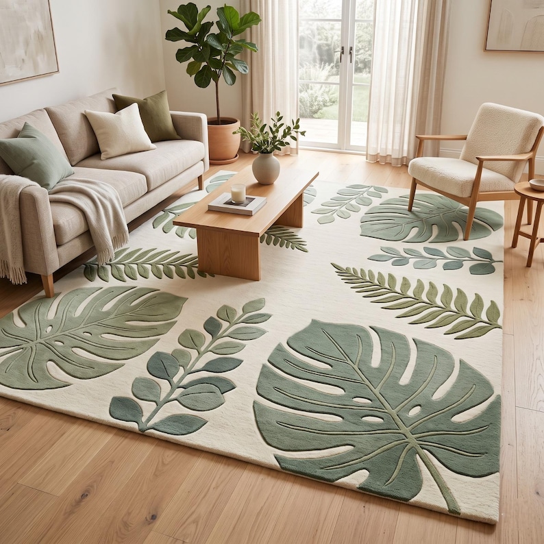 Tropical Patterns. Rectangular Hand Tufted Sage Green Botanical Rug, Tropical Leaf Carpet, Modern ...