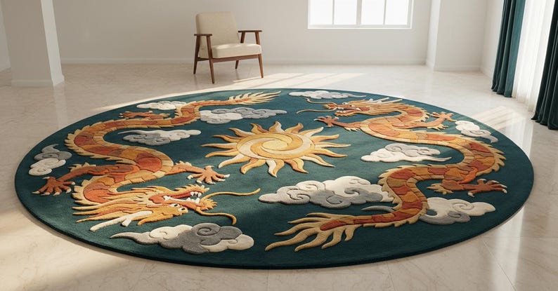 Dragon Rug Irl Round Sun Dragon Wool Rug, Asian Oriental Statement Carpet - Etsy