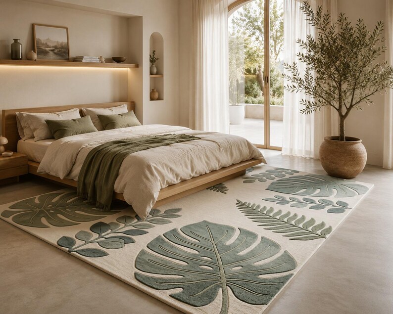 Tropical Patterns. Rectangular Hand Tufted Sage Green Botanical Rug, Tropical Leaf Carpet, Modern ...