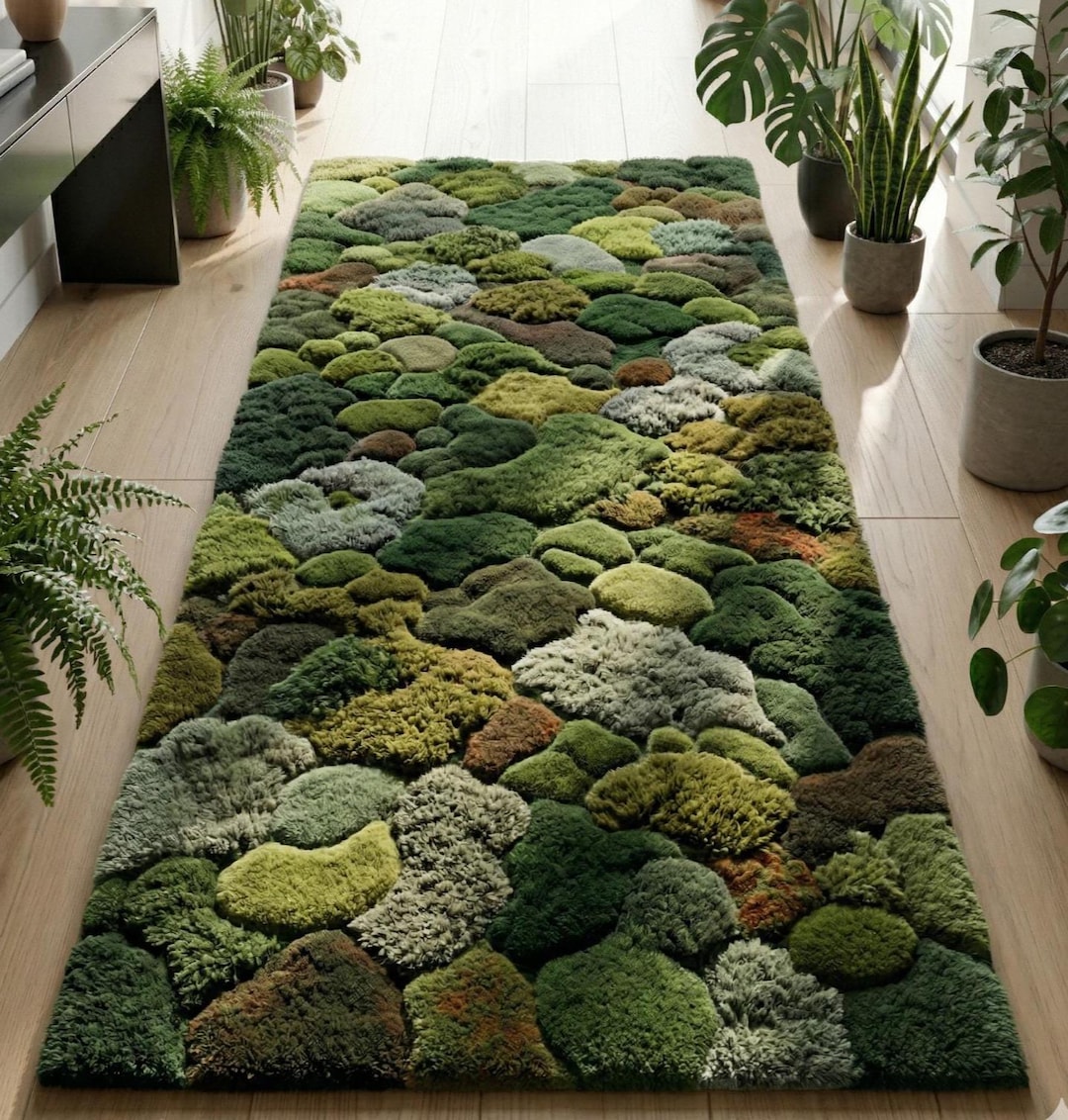 Hand Tufted Moss Rug 3D Textured Forest Floor Runner Realistic Green ...