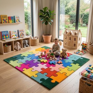 May include: A large, rectangular area rug featuring a vibrant, multi-colored jigsaw puzzle pattern with interlocking pieces in shades of red, orange, yellow, green, blue, and purple, covering a wooden floor in a room filled with various toys.