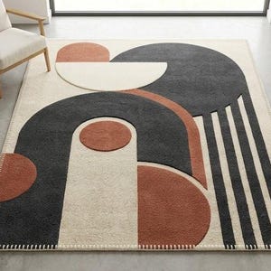 Alfombra abstracta tejida a mano, estilo Bauhaus moderno, geométrica, gris carbón, óxido, terracota, decoración Japandi, alfombra grande de lana para sala de estar.