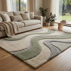 Hand Tufted Abstract Area Rug, Sage Green Gray Wavy Pattern Carpet, Organic Modern Neutral Living Room Rug, Rectangular Custom Size